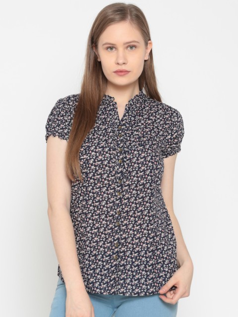 

People Women Navy Blue Printed Shirt Style Top