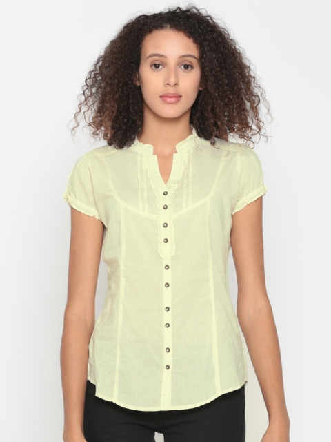 

People Women Yellow & White Striped Semi-Sheer Top