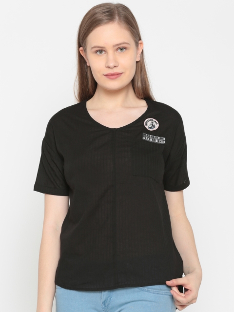 

People Women Black Striped High-Low Pure Cotton Top