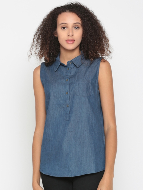 

People Women Blue Solid Shirt Style Top