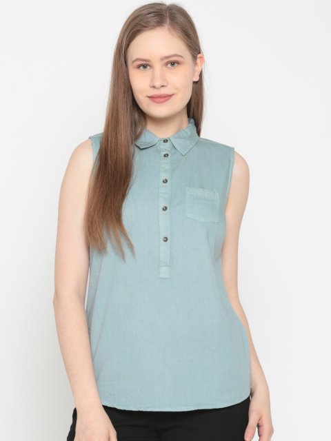 

People Women Blue Solid Shirt Style Top