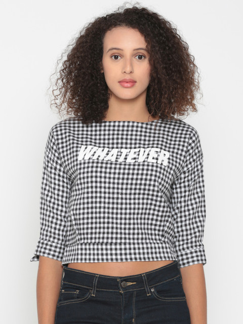 

People Women Black & White Checked Pure Cotton Top
