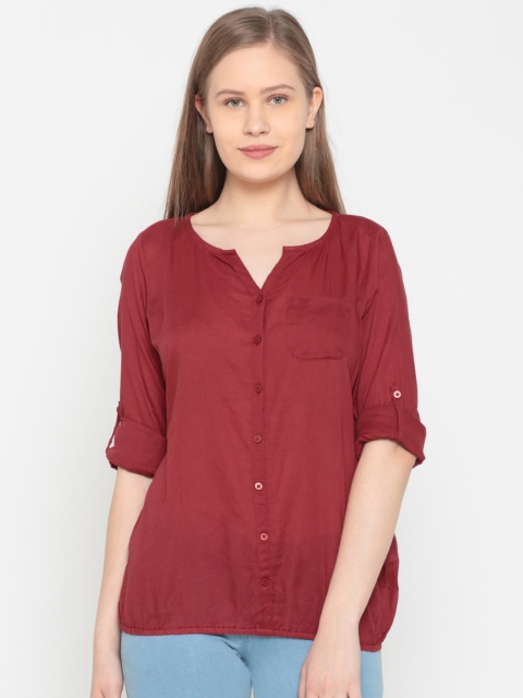 

People Women Maroon Solid Shirt Style Top