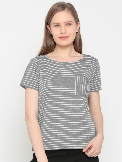

People Women Grey & Off-White Striped T-Shirt