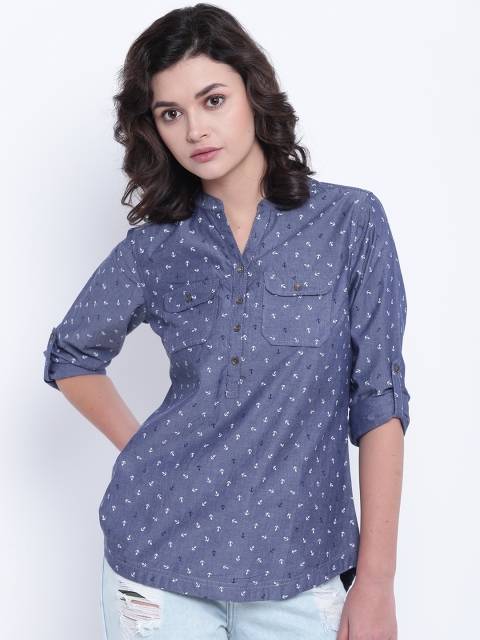 

People Women Blue Printed Chambray Shirt Style Top