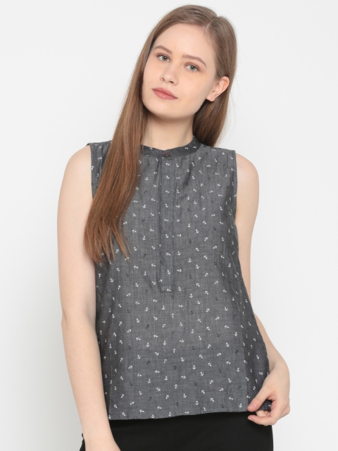 

People Women Charcoal Grey Printed Shirt Style Top