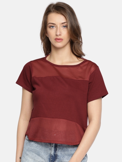 

People Women Maroon Solid Semi Sheer Pure Cotton Top