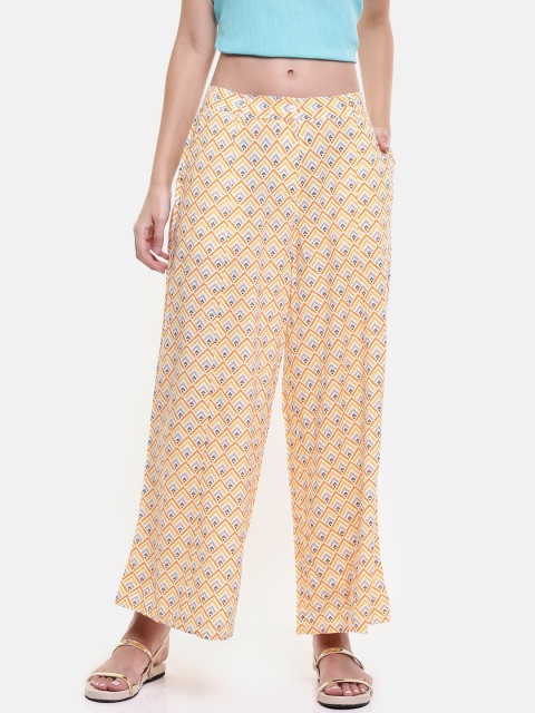 

People Women White & Yellow Printed Wide Leg Palazzos