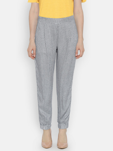 

People Women Navy Blue & White Straight Fit Checked Joggers
