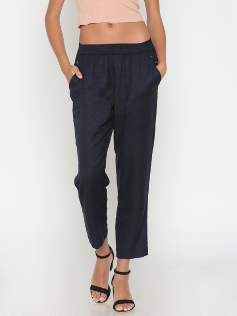 

People Women Navy Blue Straight Fit Solid Regular Trousers