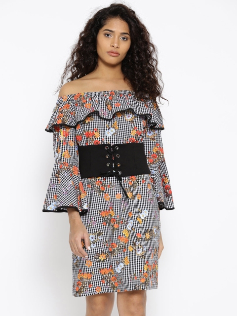 

Madame Women Black & White Checked Off Shoulder Sheath Dress