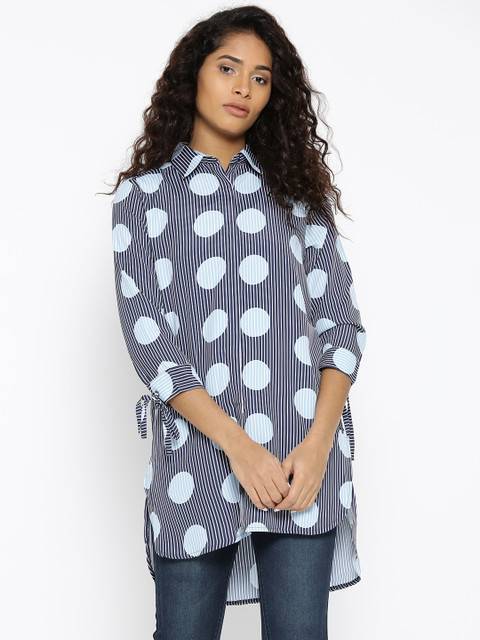 

Madame Women Blue Regular Fit Striped Longline High-Low Casual Shirt
