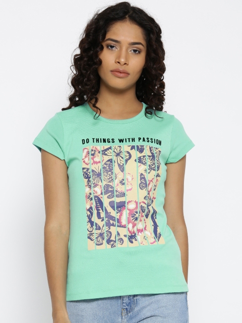 

Madame Women Sea Green Printed Round Neck T-shirt
