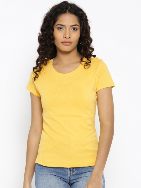 

Madame Women Yellow Solid Round Neck T-shirt