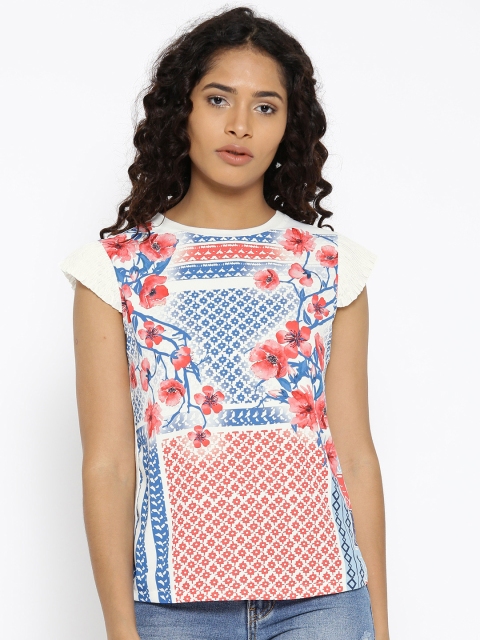 

Madame Women White & Blue Printed Top