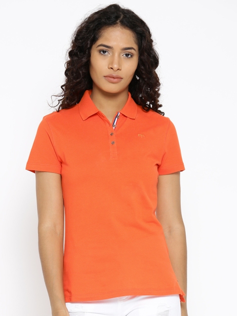 

Madame Women Orange Solid Polo Collar T-shirt