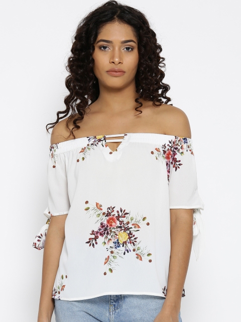 

Madame Women White Floral Print Bardot Top