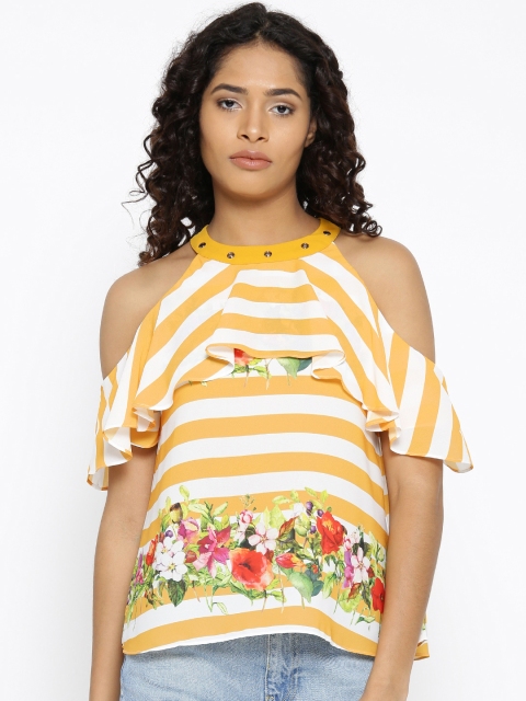 

Madame Women Yellow & White Striped Cold Shoulder A-Line Top