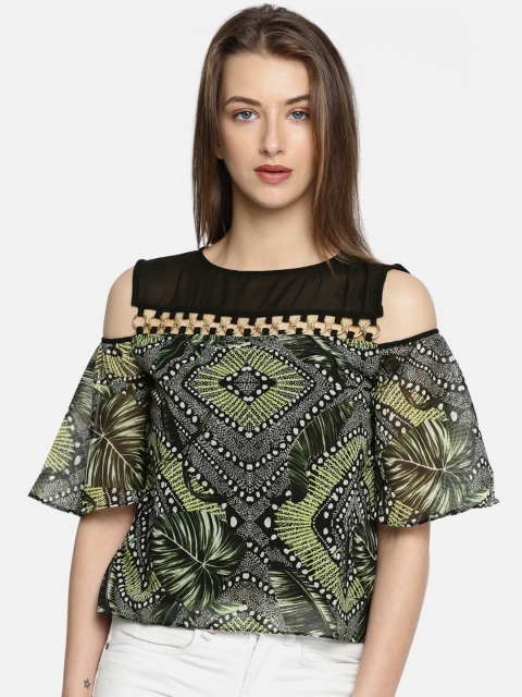 

Madame Women Black & Yellow Printed Cold-Shoulder Top