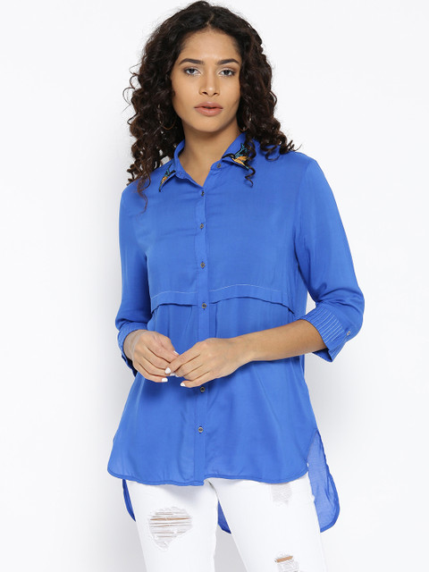 

Madame Women Blue Solid High-Low Casual Shirt