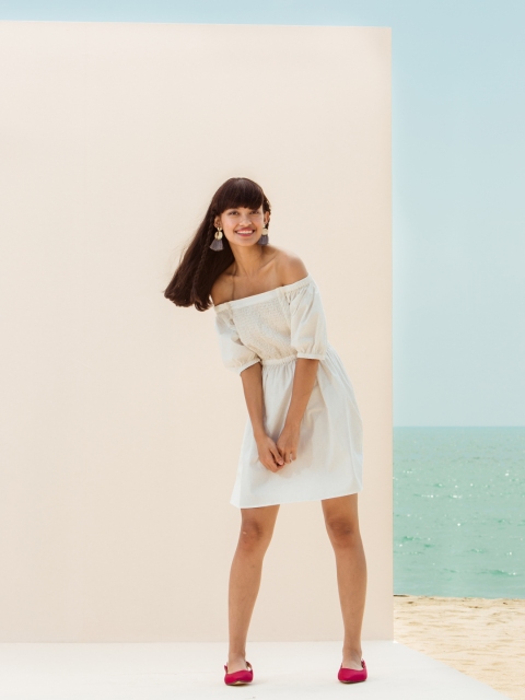 

DressBerry Women White Solid Off-Shoulder A-Line Dress