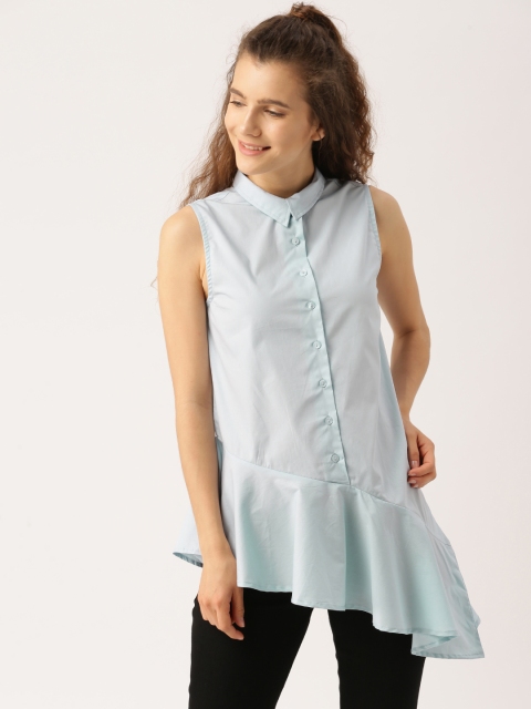 

DressBerry Women Blue Solid Longline Shirt Style Top