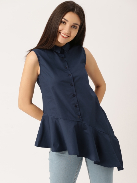 

DressBerry Women Navy Blue Solid Longline Shirt Style Top
