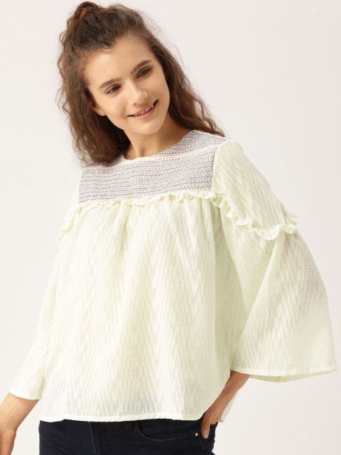 

DressBerry Women Cream-Coloured Self Design Boxy Top