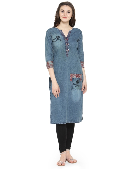

Kvsfab Women Blue Solid Straight Denim Kurta