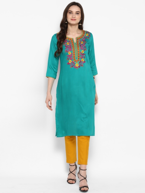 

Juniper Women Sea Green Embroidered Straight Kurta