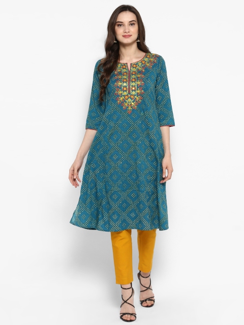 

Juniper Women Teal & White Embroidered Bandhani A-Line Kurta