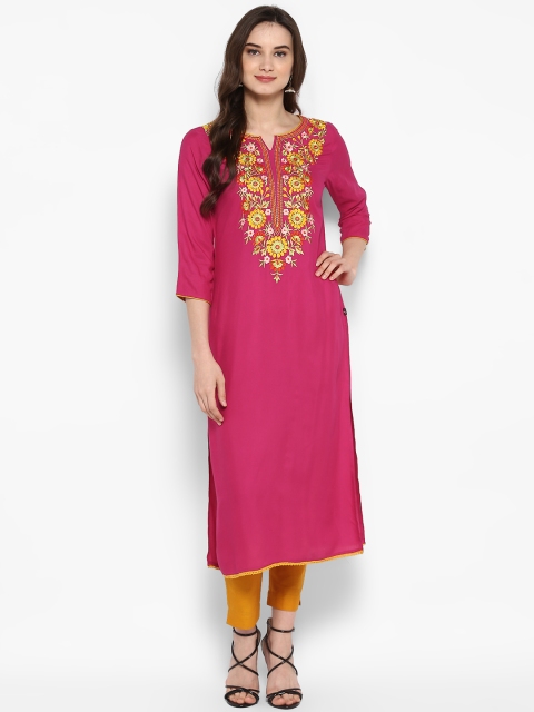 

Juniper Women Pink & Mustard Embroidered Straight Kurta