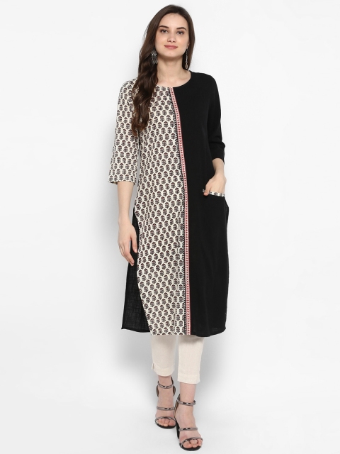 

Juniper Women Black & Cream-Coloured Printed Straight Kurta