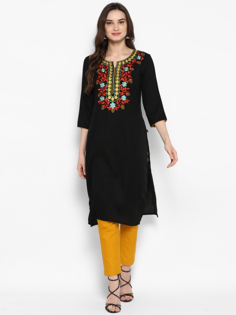 

Juniper Women Black & Mustard Embroidered Straight Kurta