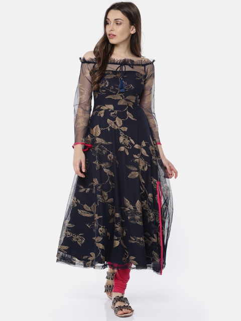 

Ira Soleil Women Navy Blue Printed Off-Shoulder A-Line Kurta