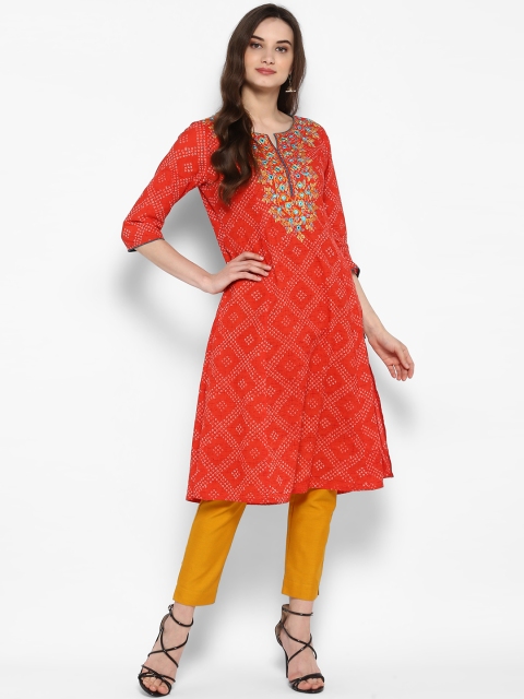 

Juniper Women Coral & White Embroidered A-Line Kurta