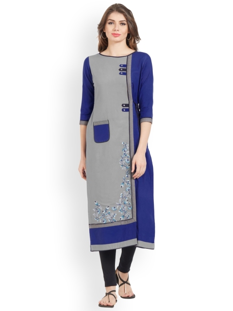 

Kvsfab Women Blue & Grey Colourblocked Straight Kurta