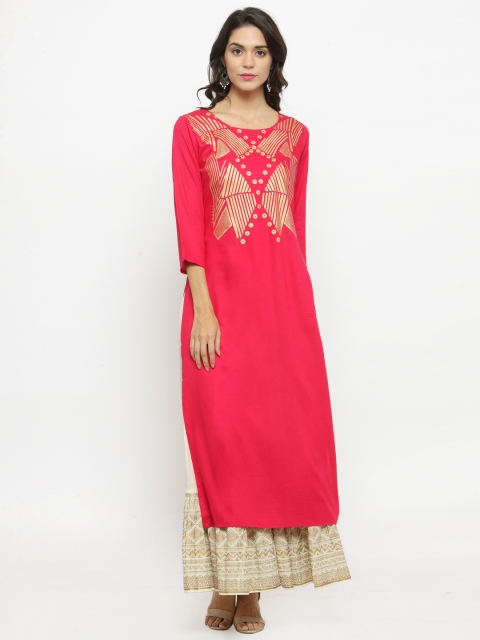 

Varanga Women Coral Red & Off-White Foil Print Kurta with Skirt