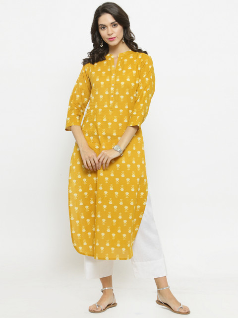 

Varanga Women Mustard & White Printed Kurta with Solid Trousers