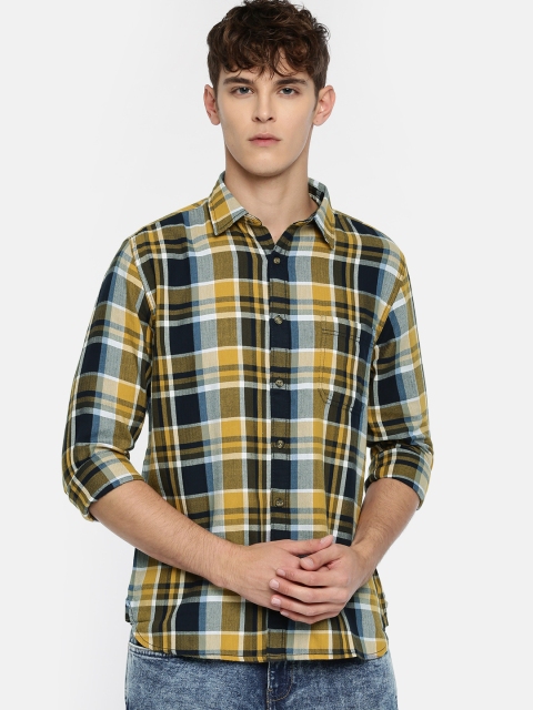 

Pepe Jeans Men Yellow & Navy Slim Fit Checked Casual Shirt
