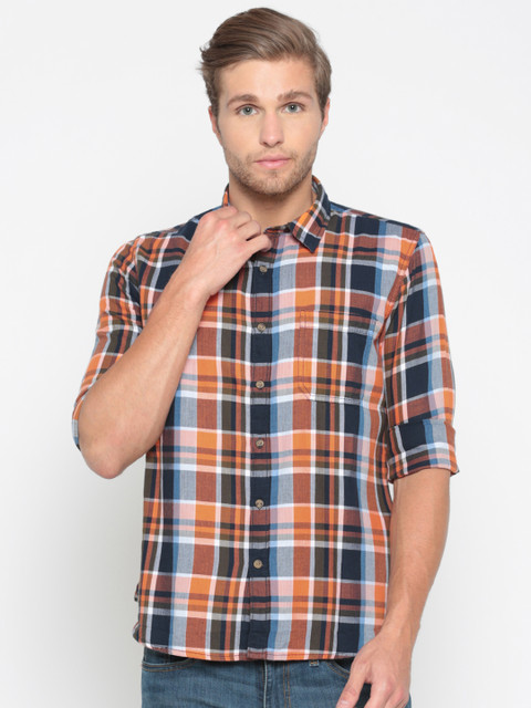 

Pepe Jeans Men Orange & Blue Regular Fit Checked Casual Shirt