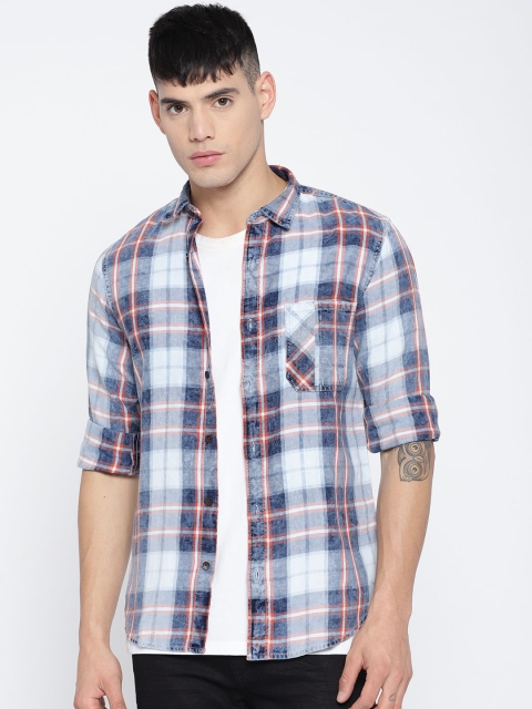 

Pepe Jeans Men Blue & White Slim Fit Checked Casual Shirt