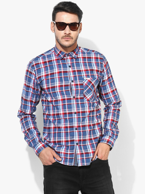 

Pepe Jeans Men Blue & Red Slim Fit Checked Casual Shirt