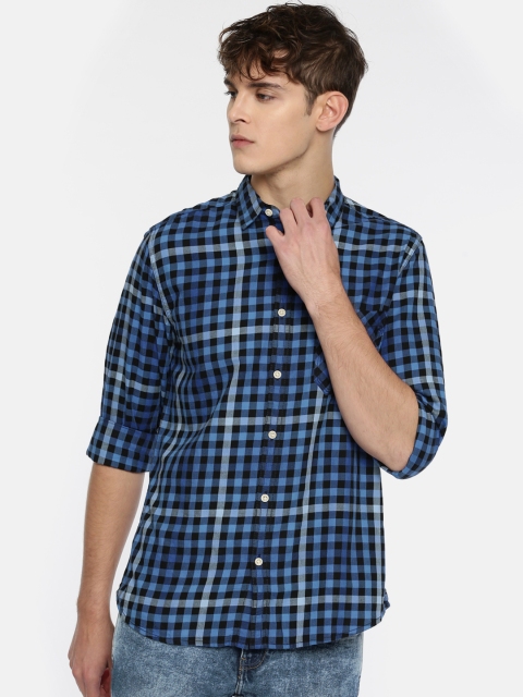 

Pepe Jeans Men Blue & Black Slim Fit Checked Casual Shirt