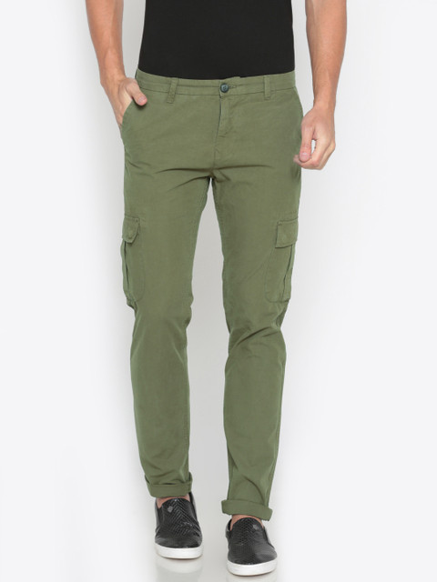 

Pepe Jeans Men Olive Green Slim Fit Solid Regular Trousers