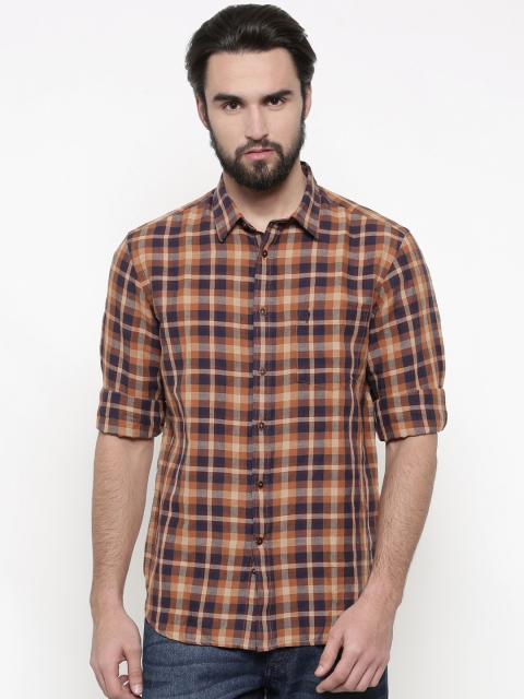 

Indian Terrain Men Orange & Navy Blue Slim Fit Checked Casual Shirt