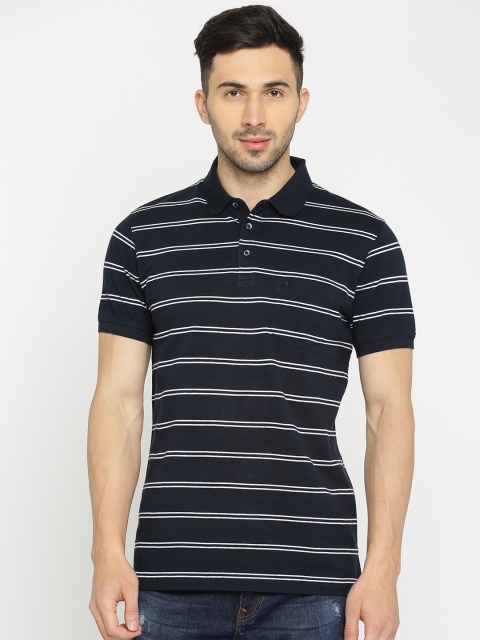 

Indian Terrain Men Navy Blue White Striped Polo Pure Cotton T-shirt