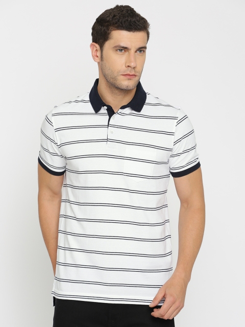 

Indian Terrain Men White Navy Striped Polo Collar Pure Cotton T-shirt
