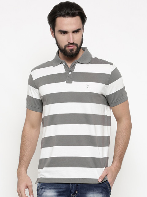 

Indian Terrain Men White & Grey Striped Polo T-shirt