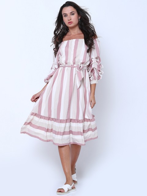 

Tokyo Talkies Women White & Pink Striped Fit and Flare Dress